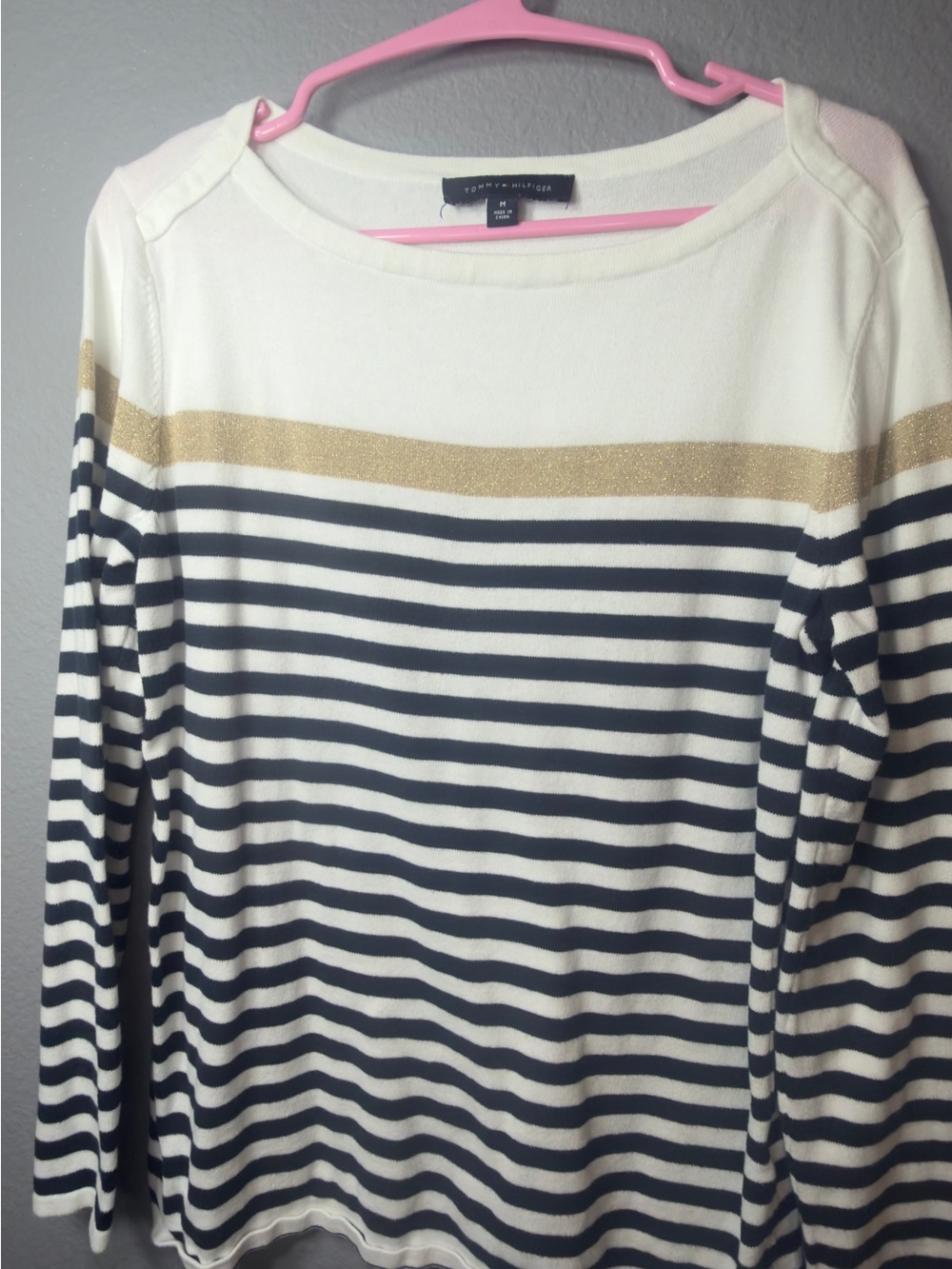 Tommy Hilfiger Navy, White & Gold Striped Long Sleeve Top